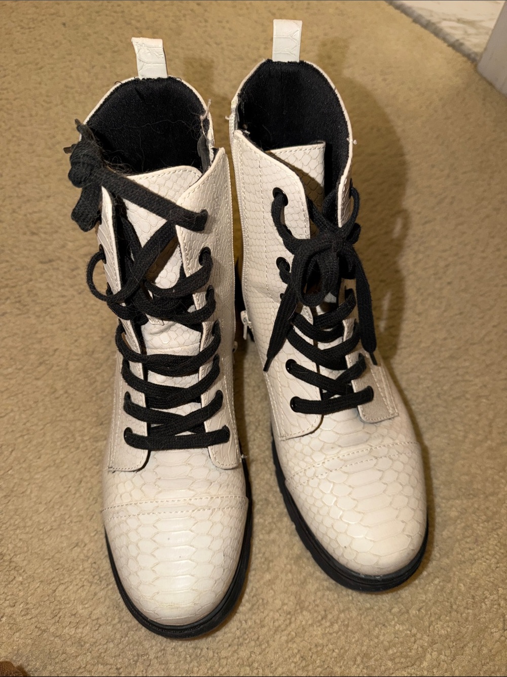 White Textured Combat Boots with Black Laces